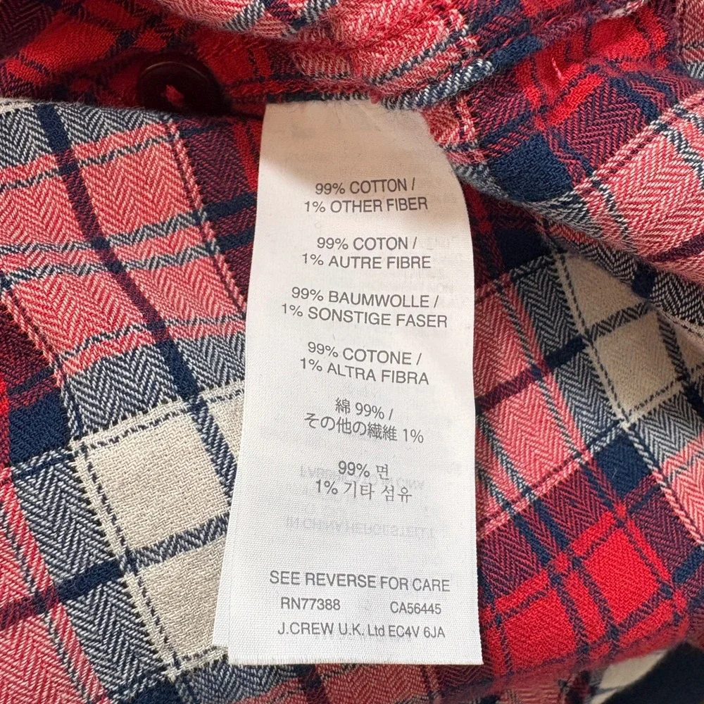J.Crew Shrunken Boy Shirt Cerise Plaid Red Navy Cotton Flannel Cabincore Size 12